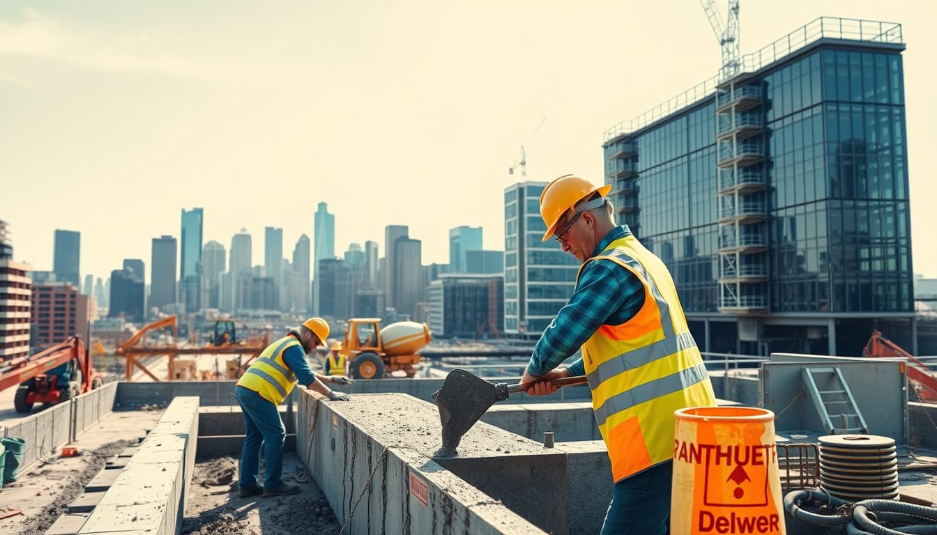 a construction scene in denver featuring workers pouring and finishing concrete in an urban environment, with iconic denver cityscape in the background, emphasizing safety gear, machinery, and proper building practices.