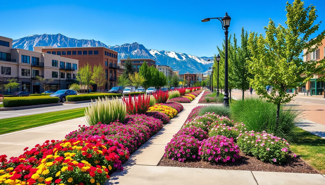 a beautiful urban landscape showcasing well-maintained flower beds and shrubs beside a clean sidewalk in denver, with the rocky mountains in the background and blue skies above. emphasize vibrant colors, diverse plant species, and a welcoming atmosphere that invites pedestrians to stroll.