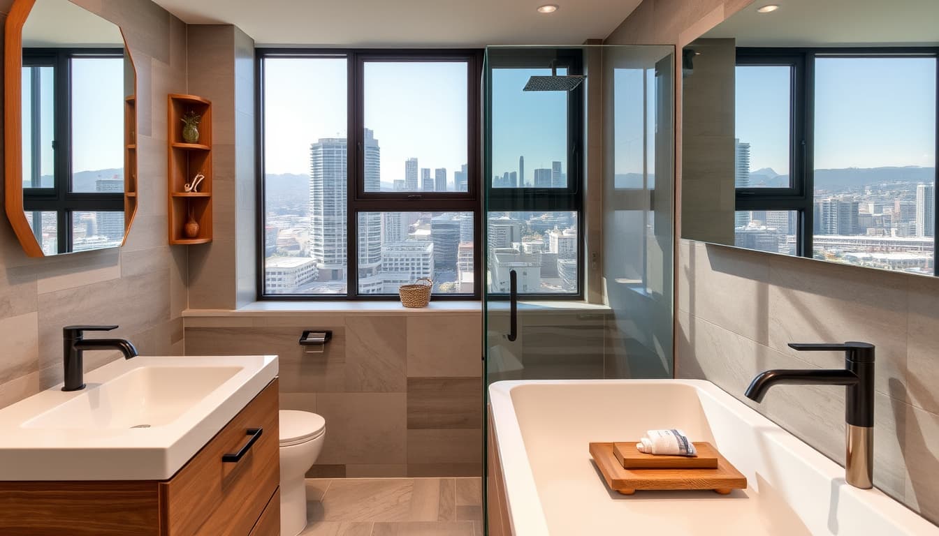 a modern bathroom renovation scene in denver, showcasing sleek fixtures, stylish tiles, and a blend of contemporary and rustic design elements, with a backdrop of city skyline visible through a window, emphasizing functionality and aesthetics in home improvement.