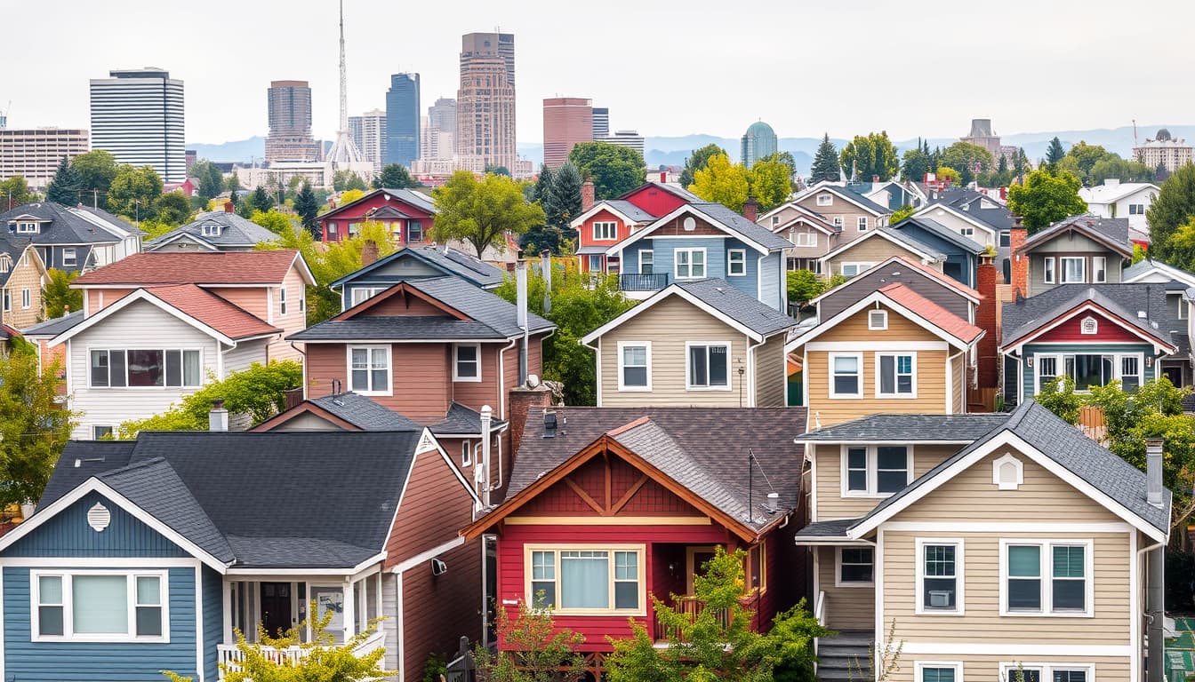 an urban landscape of denver showcasing various home exteriors, highlighting different siding styles and materials in a residential neighborhood. include diverse architectural designs, with emphasis on how zoning regulations influence the aesthetics and variety of siding on buildings.