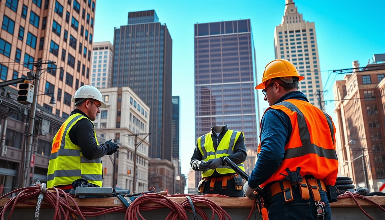 a bustling city scene in denver with electricians at work, equipped with tools and safety gear, surrounded by tall buildings and electrical equipment. the backdrop features a clear blue sky, while a city inspector observes the work from a distance, emphasizing themes of urban life, safety, and professionalism.