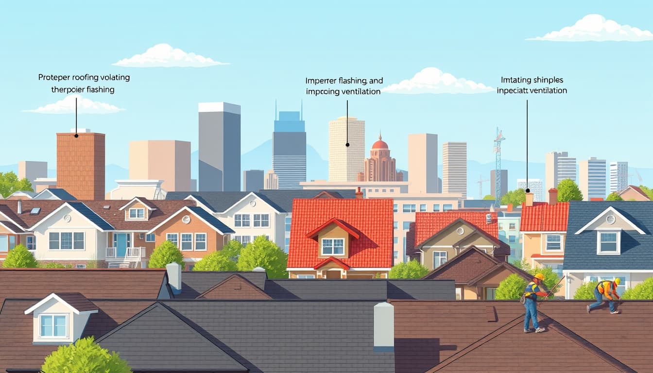 a detailed illustration of a denver skyline featuring various homes with different roofing styles, highlighting common roofing code violations such as improper flashing, missing shingles, and inadequate ventilation. the scene should emphasize a sunny day with construction workers inspecting roofs, showcasing a blend of city life and roofing maintenance.