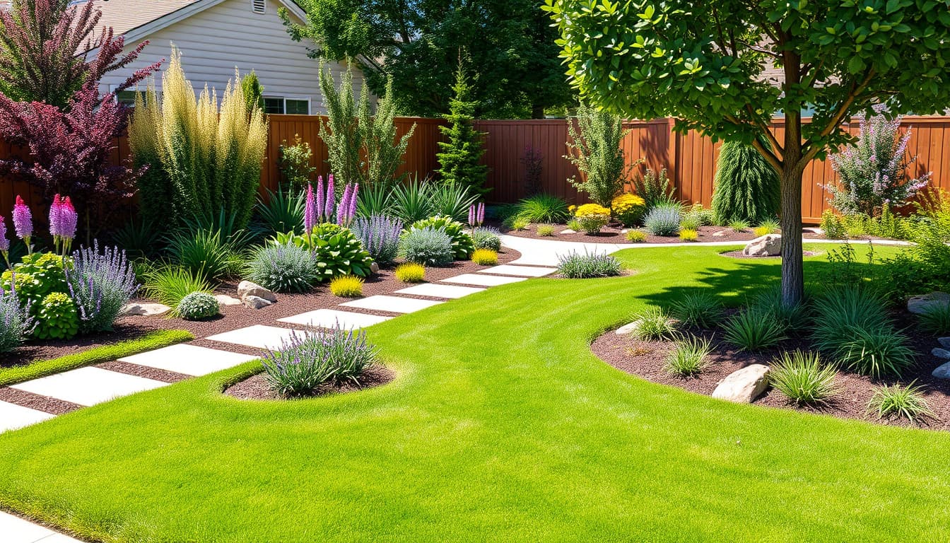 a serene residential landscape in denver, featuring a variety of lush plants, well-maintained lawns, and sustainable design elements, showcasing harmonious compliance with local landscaping codes.