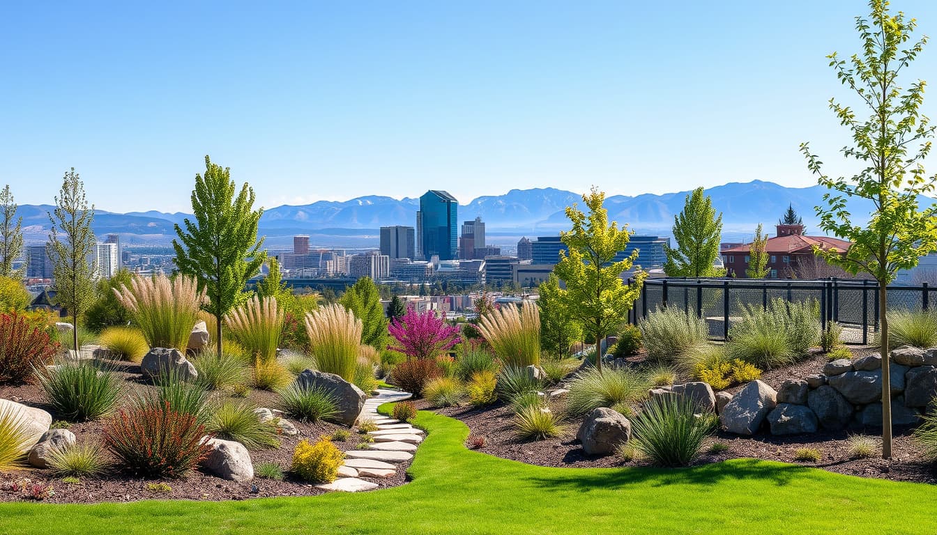 a vibrant urban landscape in denver featuring various landscaping elements such as native plants, decorative stones, and erosion control solutions like retaining walls and silt fences, set against a backdrop of a city skyline and the rocky mountains.