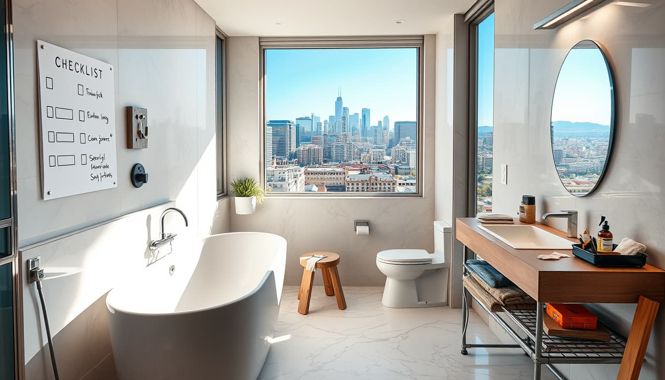 a modern denver bathroom undergoing renovation, featuring tools and materials for construction, a checklist on the wall, and vibrant designs reflecting the latest trends in bathroom aesthetics, with a view of the denver skyline through a window.