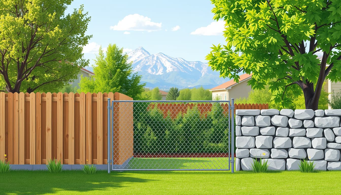 a serene denver backyard scene showcasing various fence styles, featuring a well-constructed wooden fence, a chain-link fence with proper height, and a stone wall boundary, all set against the backdrop of the rocky mountains. include elements that illustrate compliance with regulations, such as correct height markers and secure attachments, while ensuring a peaceful, suburban atmosphere.