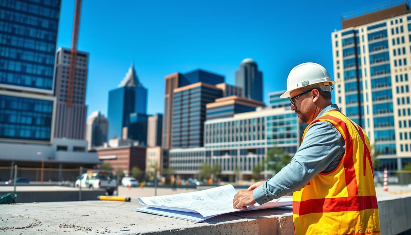 a construction worker in a hard hat and safety gear, inspecting freshly poured concrete in a urban environment, surrounded by blueprints and building tools. the backdrop features iconic denver architecture and clear blue skies, emphasizing compliance and safety in urban construction.