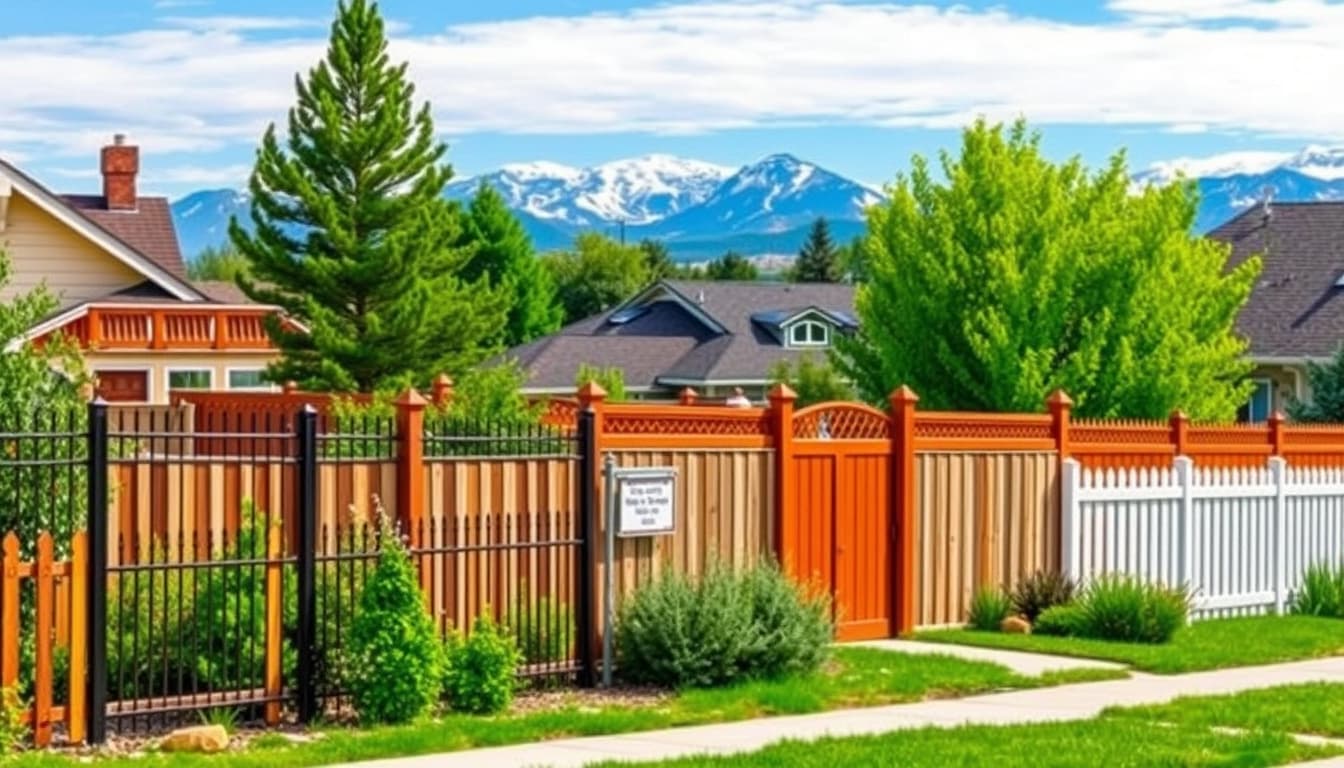 a scenic view of a residential area in denver featuring various types of fences, with some being ornate and colorful while others are simple and functional. include elements like mountains in the background, blue skies, greenery, and diverse architectural styles to capture the essence of the denver neighborhood.