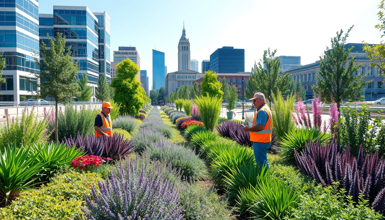 a vibrant urban landscape in denver, featuring well-maintained gardens and diverse plants, with city inspectors observing and measuring greenery under sunny skies. emphasize attention to detail in landscaping and the blend of nature with modern city architecture.