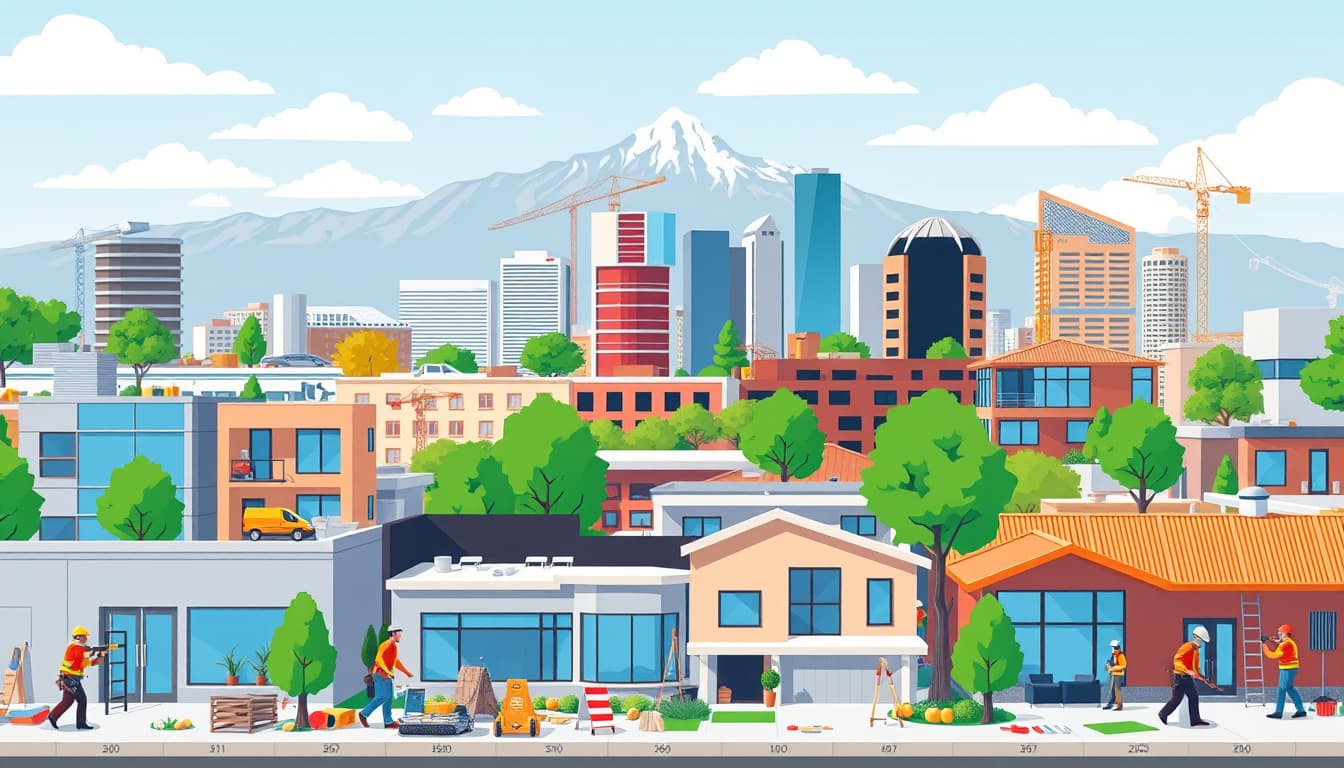 a bustling urban scene of denver, showcasing a variety of home remodeling projects in action, including contractors at work, construction tools, and modern home designs, set against a backdrop of iconic denver landmarks such as the rocky mountains and city skyline.