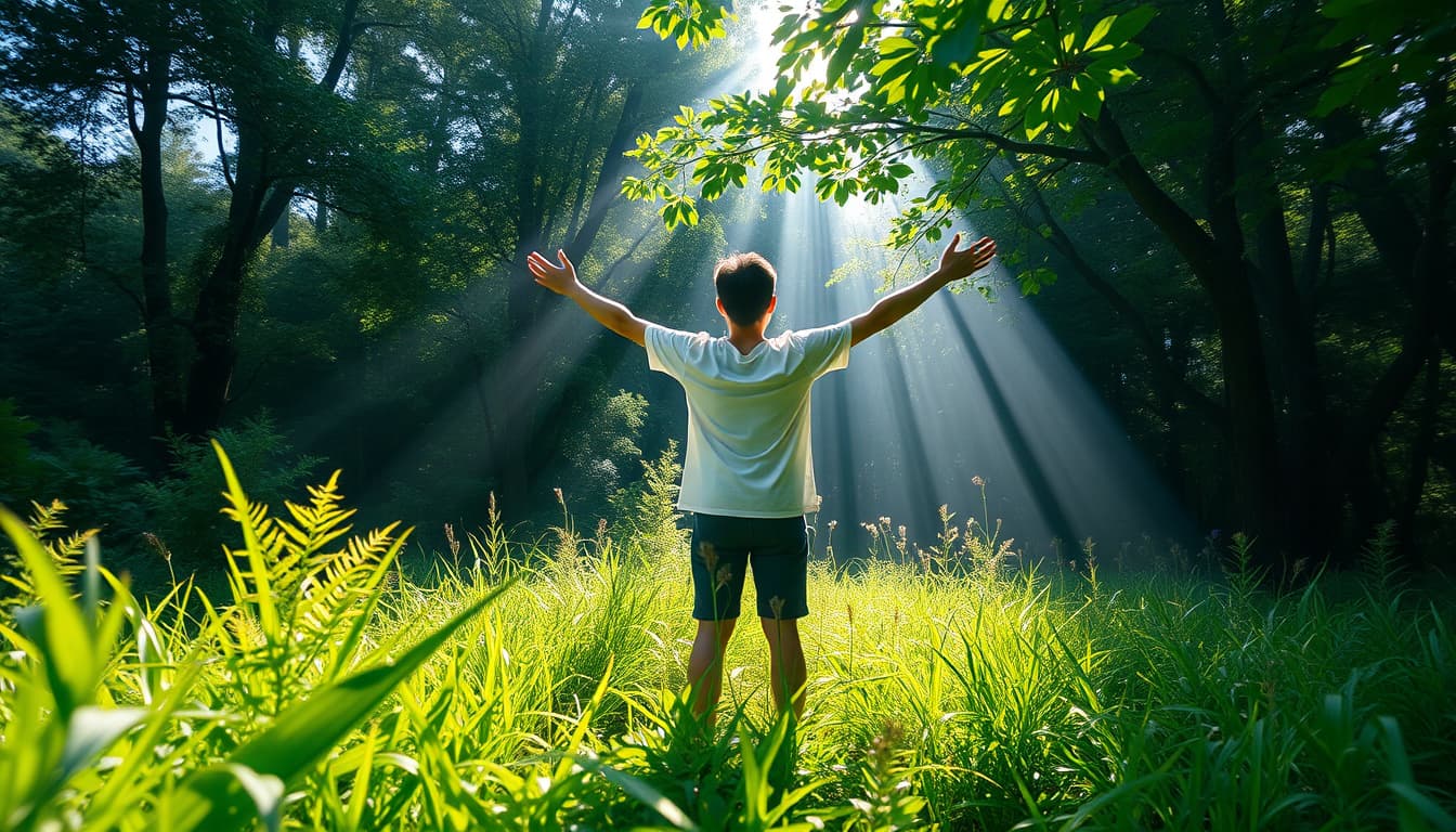 a person standing in a serene natural setting, surrounded by lush greenery, with their arms outstretched as if releasing their feelings into the open air, while soft rays of sunlight break through the foliage, creating a calming and uplifting atmosphere.