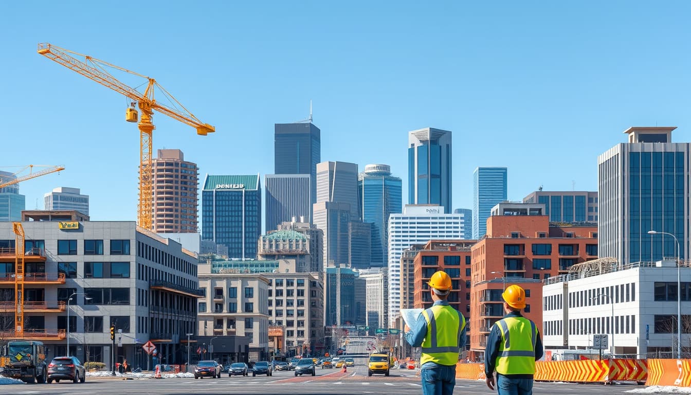 a modern cityscape of denver featuring various concrete construction projects, showcasing a blend of residential and commercial buildings under inspection. include construction workers with hard hats, city inspectors, and blueprints, amidst vibrant street activity and iconic denver landmarks in the background.