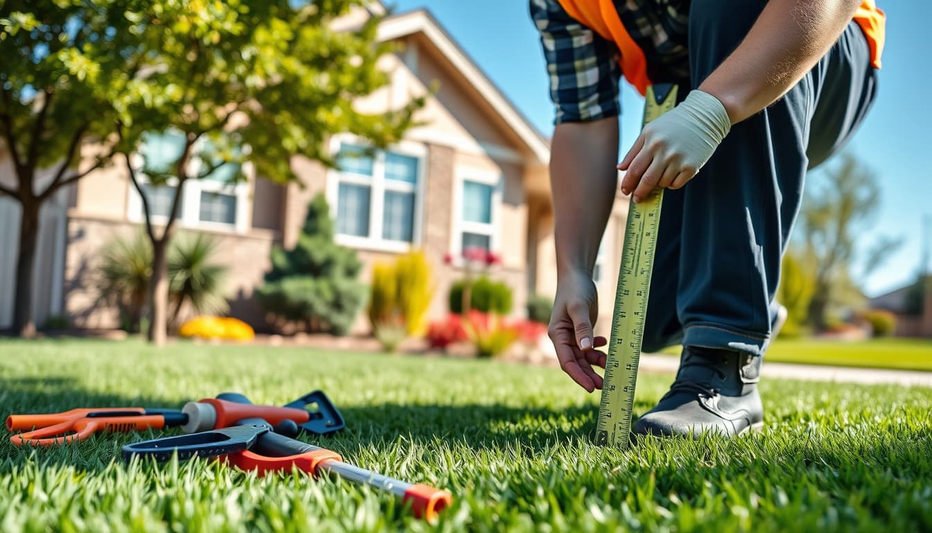 a detailed outdoor landscape scene of a construction worker measuring green turf, surrounded by various landscaping tools. in the background, a suburban home with well-maintained gardens indicating compliance with building codes, under a clear blue denver sky.