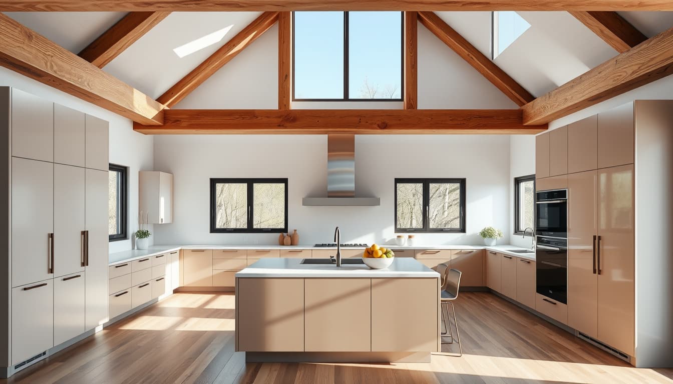 a modern kitchen interior featuring sleek cabinets, an open layout, and innovative structural design elements like exposed beams and large windows. incorporate rich textures, natural materials, and a harmonious color palette to convey a stylish and functional remodeling space.