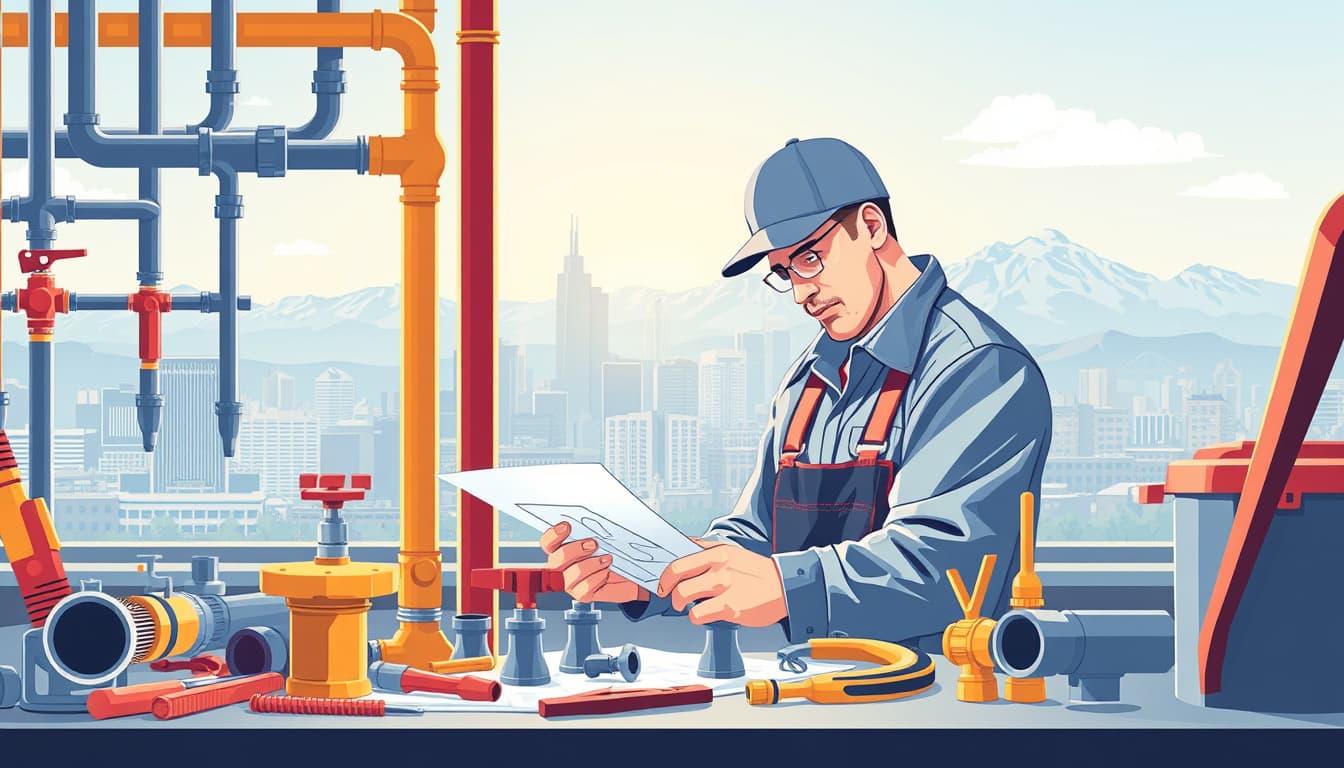 illustrate a busy plumbing workspace with a focus on a skilled plumber inspecting pipes and fittings, surrounded by plumbing tools and a blueprint of a building. include a backdrop of a typical denver cityscape with mountains in the distance, emphasizing a professional and well-organized environment that conveys attention to detail and quality workmanship.
