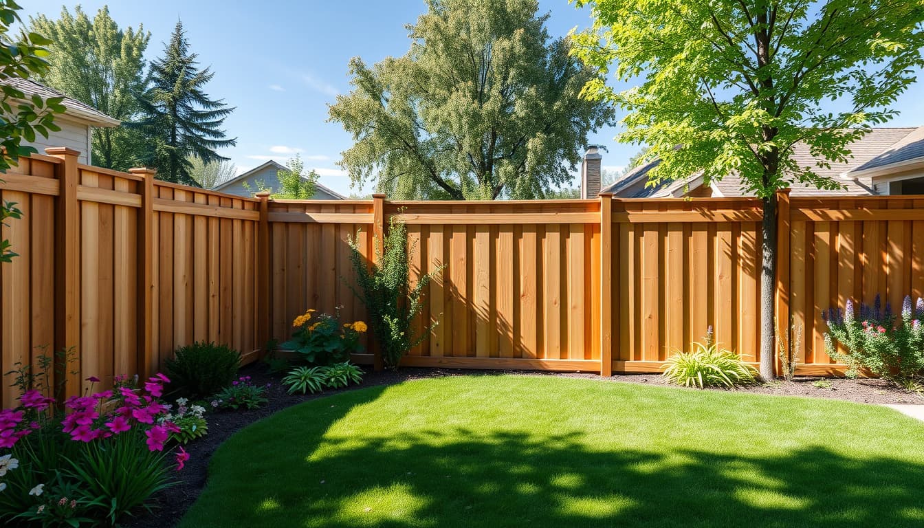 a serene suburban backyard in denver, showcasing a newly constructed wooden privacy fence surrounded by lush greenery and colorful flowers, with a clear blue sky overhead. the scene highlights the craftsmanship of the fence, blending natural elements with a peaceful outdoor setting.