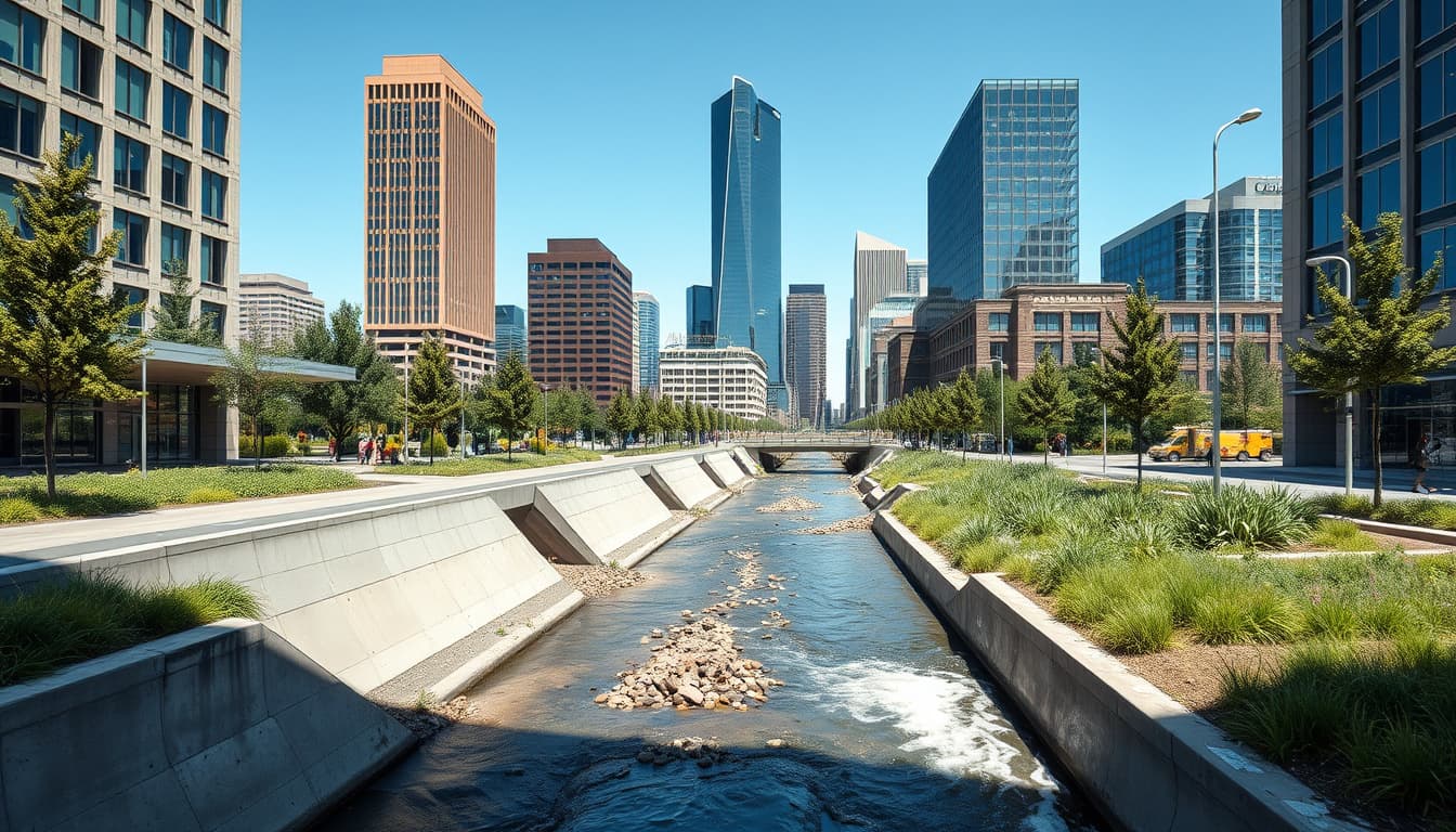 a cityscape of denver showcasing various concrete installations, with visual elements highlighting drainage systems, urban planning, and environmental considerations. the scene includes modern buildings, effective drainage channels, and lush greenery, emphasizing the interaction between concrete infrastructure and natural water management.
