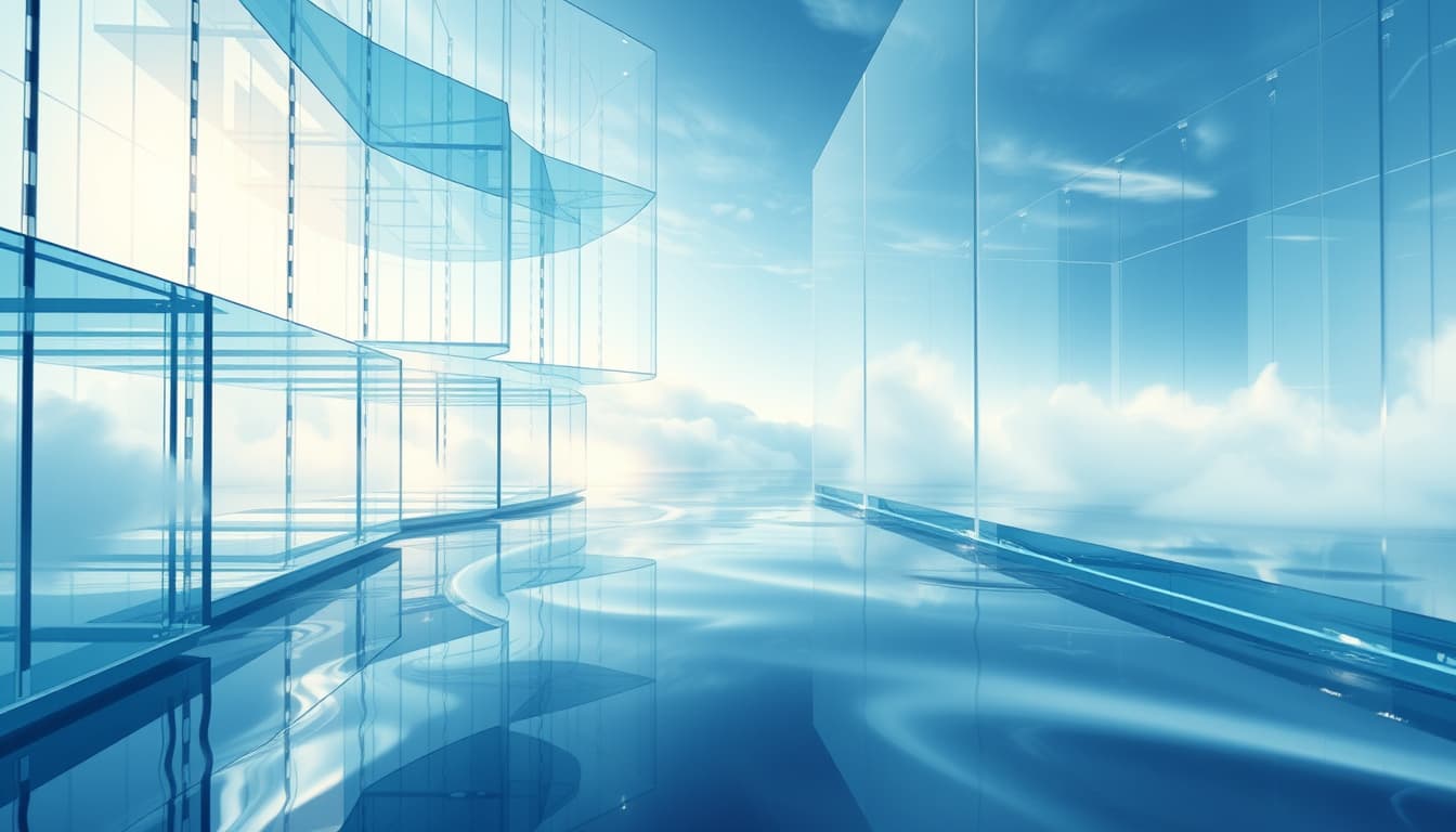 an ethereal scene showcasing the concept of transparency, featuring layered glass structures reflecting and refracting light, accompanied by soft, flowing water and delicate wisps of fog. the atmosphere should evoke a sense of clarity and openness, with various shades of blue and white illuminating the space.