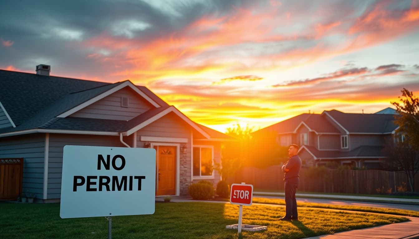 a dramatic scene of a residential neighborhood in denver, showcasing a house with a freshly installed roof, but with a glaring 'no permit' sign in the yard. the backdrop features the rocky mountains and a colorful sunset, with a concerned neighbor observing the house, highlighting themes of law and home improvement.