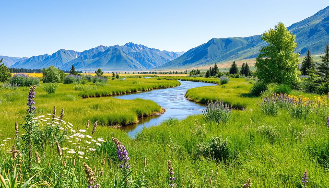 a lush, vibrant landscape in a floodplain featuring native plants, wildflowers, and grass, with a serene river flowing through and mountains in the background, illustrating sustainable landscaping practices under clear blue skies.
