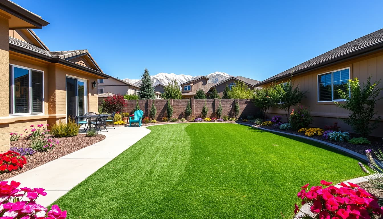 a vibrant residential backyard in denver, featuring a neatly installed artificial turf lawn surrounded by colorful flowers and landscaping. include a clear blue sky and the rocky mountains in the background to emphasize the local scenery.