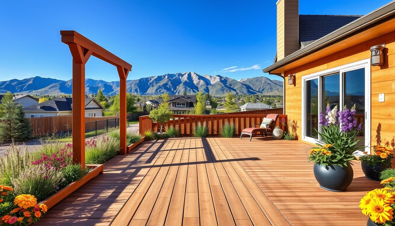 a picturesque view of a modern wooden deck in a denver backyard, surrounded by colorful flowers and greenery, with the rocky mountains in the background contrasting against a clear blue sky. the scene captures a sense of outdoor relaxation and home improvement, showcasing a blend of nature and architecture.