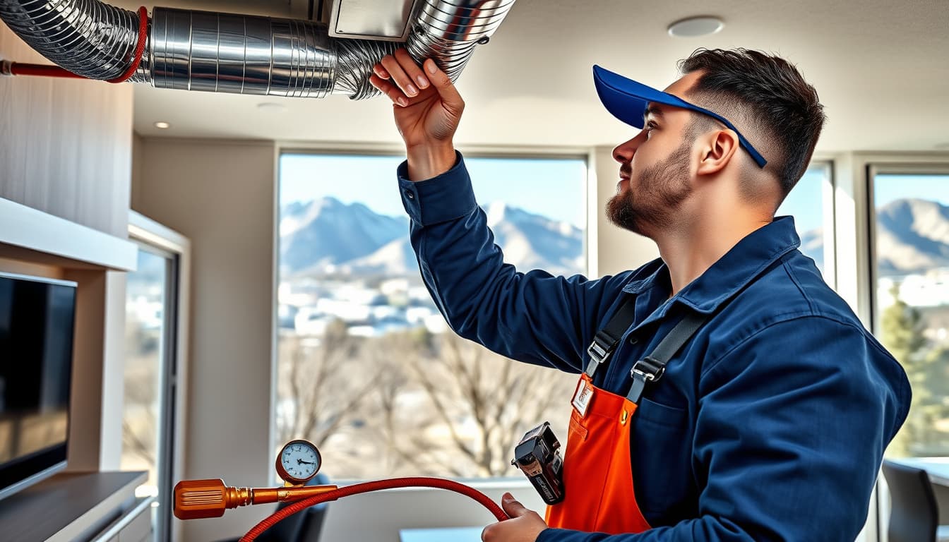 a skilled hvac technician working on ductwork in a modern denver home, featuring mountains in the background, showcasing tools and equipment like a wrench and pressure gauges, with an emphasis on professionalism and expertise in a residential setting.