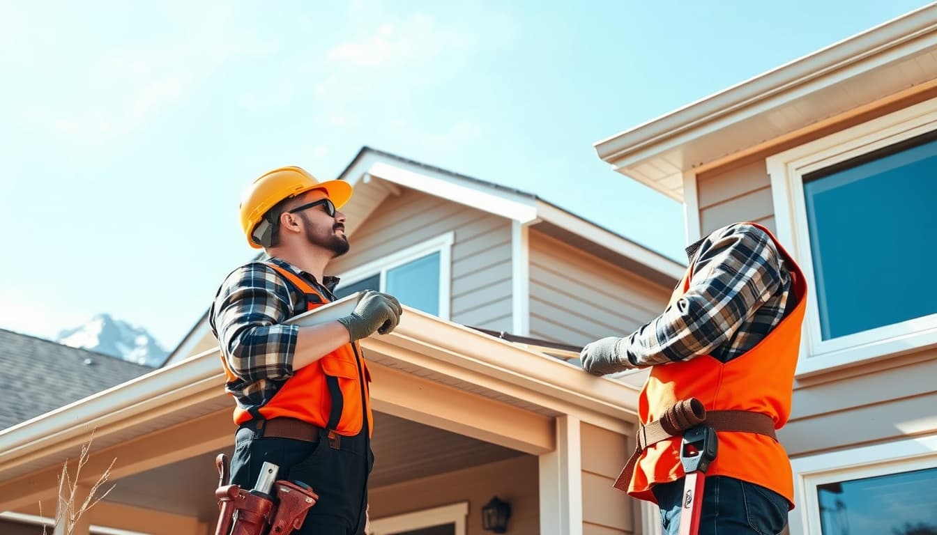 an urban scene depicting a professional contractor inspecting a house's siding and gutters in denver, showcasing modern architecture with the rocky mountains in the background, emphasizing construction tools, building codes, and a clear blue sky.