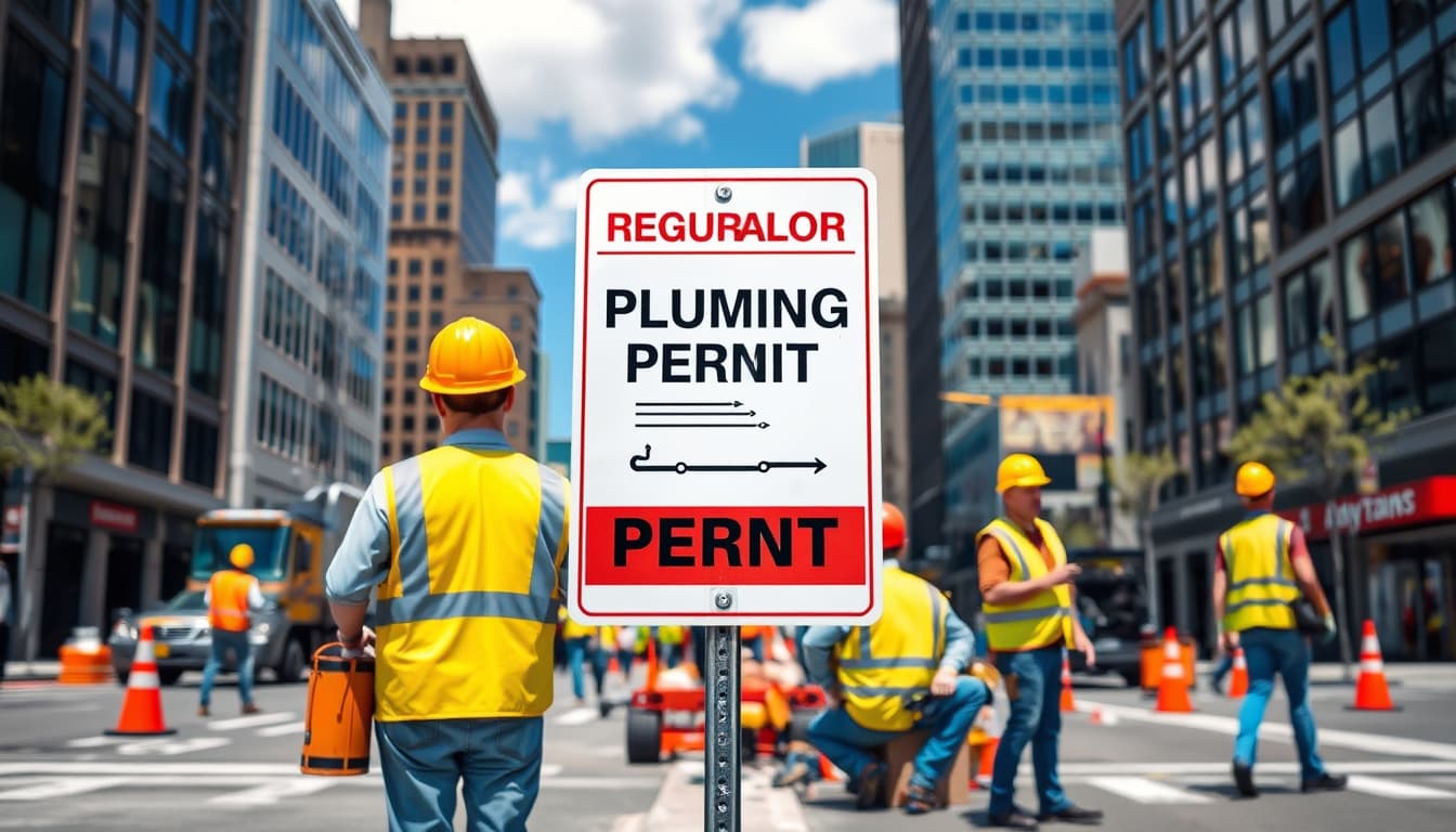 a busy urban scene in denver featuring construction workers and plumbing tools, with city buildings in the background and a prominent construction permit sign. the environment should convey a sense of regulatory process and city planning.