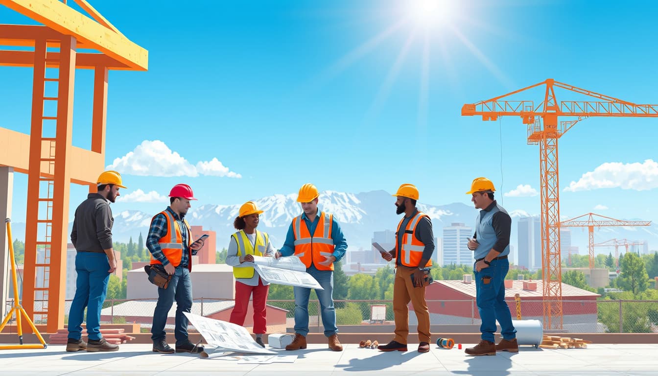 an illustration of a construction site in denver, showcasing a diverse group of builders discussing roofing plans, surrounded by blueprints, tools, and a skyline with the rocky mountains in the background. include a clear blue sky, sunlight illuminating the scene, and a sense of teamwork and professionalism.