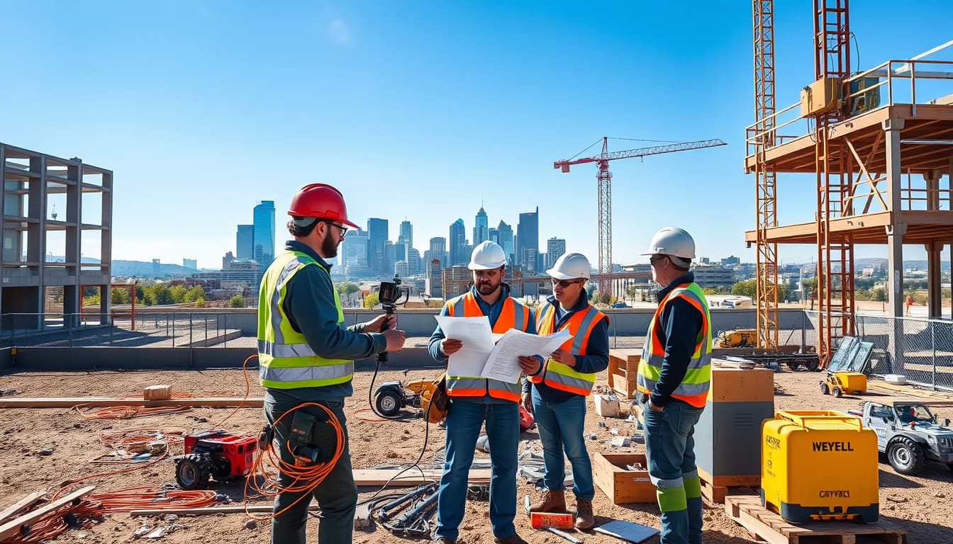 a construction site in denver, with workers discussing plans, surrounded by electrical tools and equipment, under a bright blue sky. in the background, a skyline featuring the denver cityscape.