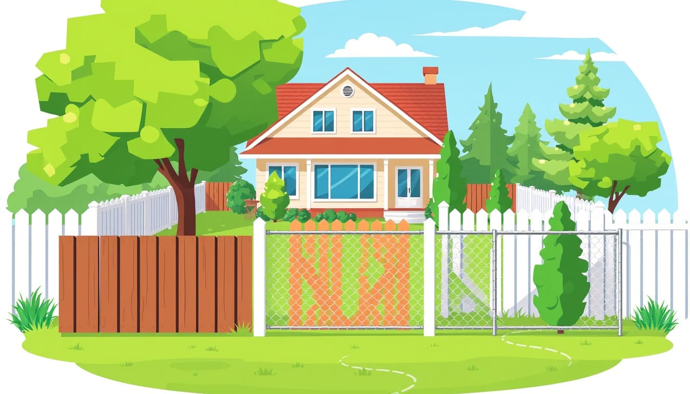 a detailed illustration of a suburban backyard in denver, showcasing various types of fences including wooden, chain-link, and vinyl. include visual elements like a house in the background, a well-manicured lawn, trees, and a clear blue sky to emphasize a peaceful neighborhood setting.
