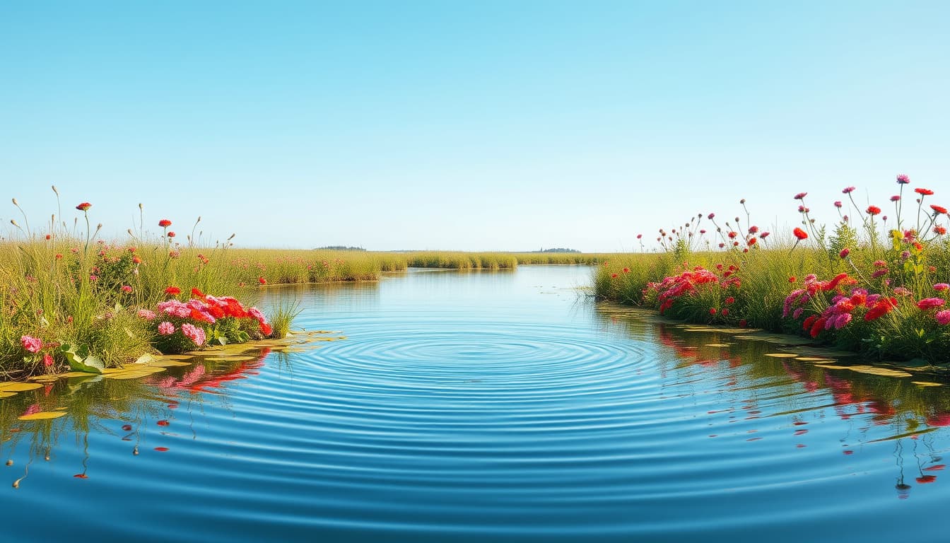 a serene landscape featuring a tranquil body of water with gentle ripples, surrounded by lush greenery and vibrant wildflowers, and a clear blue sky reflecting in the water's surface.