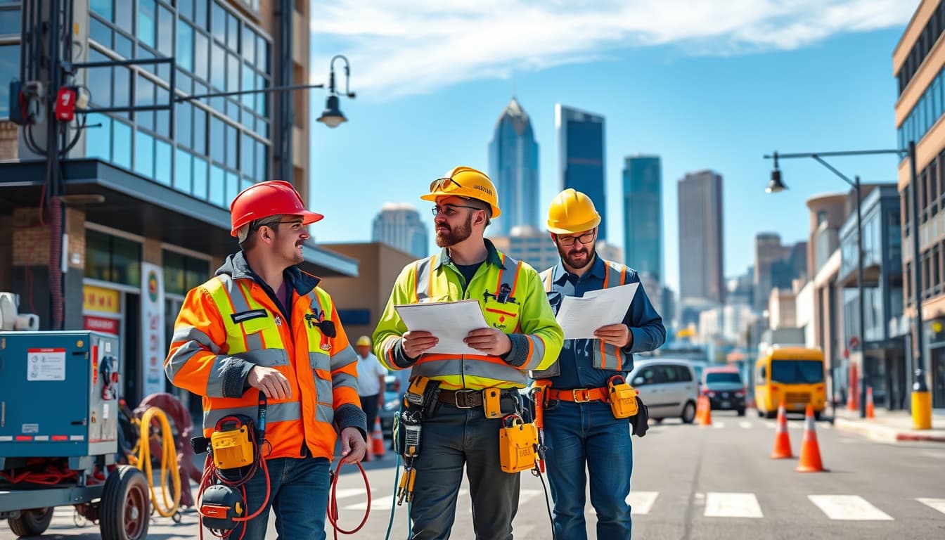 a busy denver street scene featuring electricians at work, with colorful electrical tools, safety gear, and the iconic denver skyline in the background. the electricians are discussing safety protocols and permits, showcasing a mix of modern and vintage electrical equipment, under a bright blue colorado sky.
