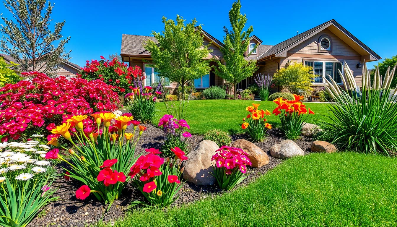 a beautifully landscaped front yard in denver, showcasing a mix of vibrant flowers, lush green grass, and decorative elements like stones, without any visible fences or excessive decorations. the scene includes a clear blue sky, mountain backdrop, and hints of local flora, emphasizing a harmonious blend of nature and guidelines.