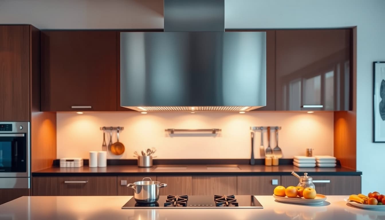 a modern kitchen showcasing a sleek range hood above a stylish cooking area, with various kitchen utensils and ingredients on the counter, bathed in warm lighting. the scene evokes a sense of elegance and functionality, highlighting the importance of design and safety in culinary spaces.