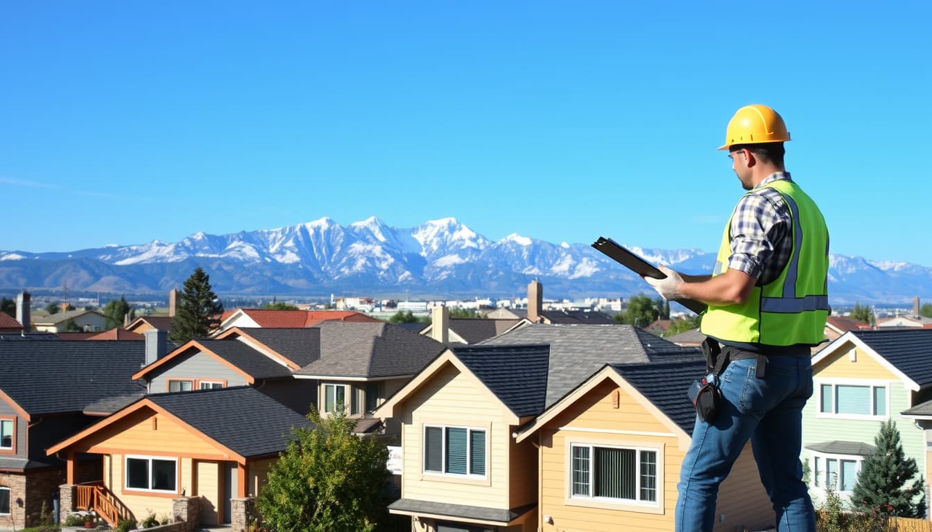 a picturesque view of a denver neighborhood showcasing various houses with different roofing styles, focusing on a home with a newly replaced roof, while a construction worker examines the roof alongside a clipboard. the backdrop features the majestic rocky mountains under a clear blue sky.
