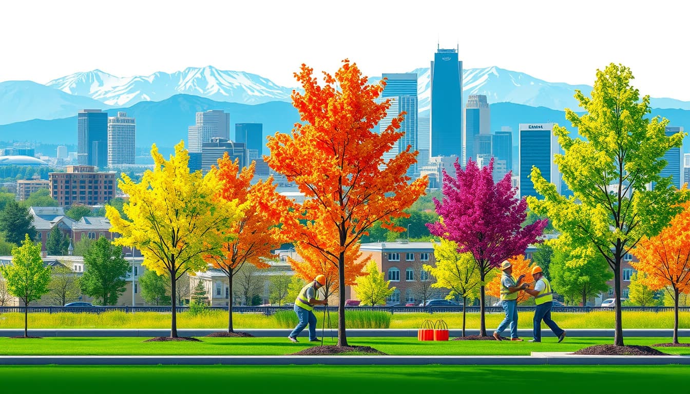 an urban scene depicting the city of denver with vibrant trees being planted and some being carefully removed. the background features denver's skyline with mountains in the distance, showcasing a mix of residential and commercial buildings, while workers in safety gear engage in planting and removal activities.