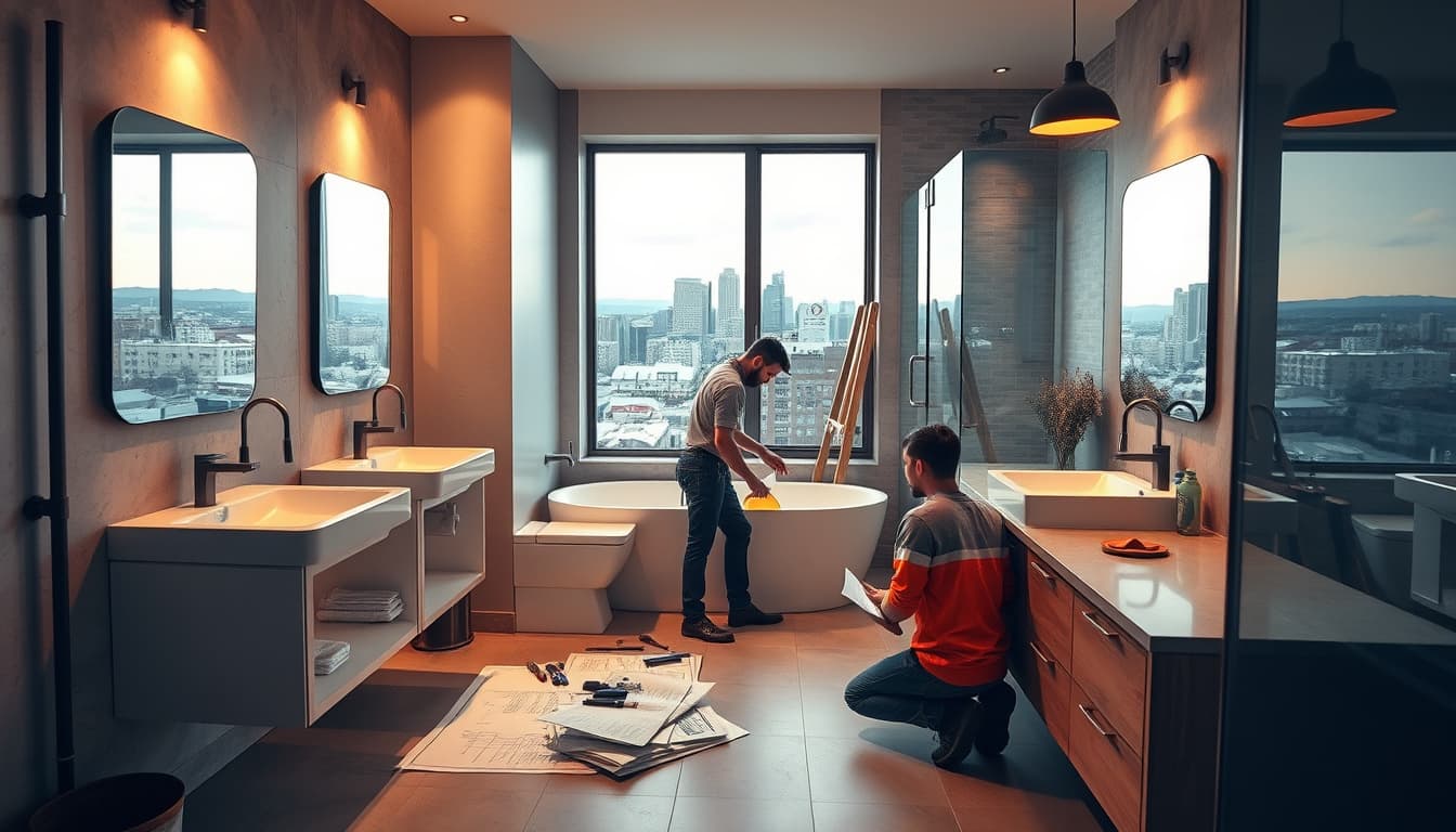 a modern bathroom remodel scene in a stylish denver home, featuring sleek fixtures, warm lighting, and a mix of contemporary and rustic design elements. show construction workers collaborating on plumbing installations with tools and blueprints scattered around, against a backdrop of denver's city skyline visible through a window.