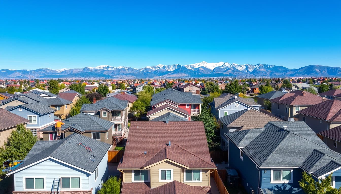 an aerial view of a residential neighborhood in denver with several houses showcasing different roofing styles, some with workers on rooftops installing shingles. the rocky mountains provide a stunning backdrop, while a clear blue sky enhances the scene, depicting a sunny day perfect for construction work.