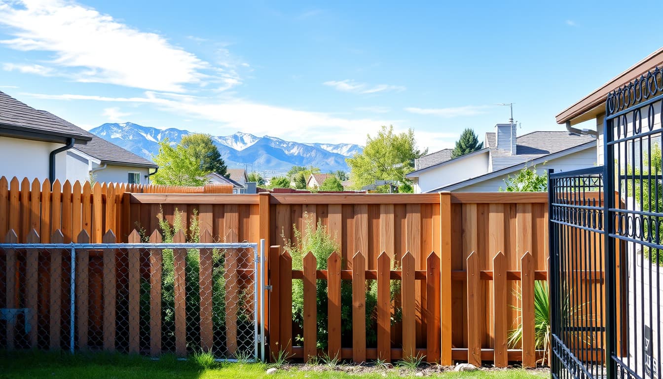 a picturesque view of a residential backyard in denver, colorado, featuring various styles of fences such as wooden picket, chain-link, and wrought iron, with a clear blue sky, mountains in the background, and some greenery, illustrating the concept of fencing regulations.
