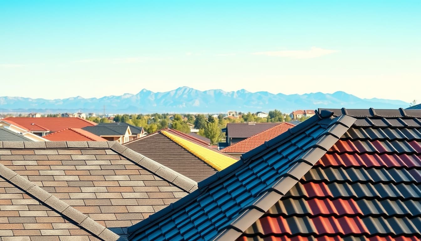 a visual representation of diverse roofing materials commonly used in denver, including asphalt shingles, metal panels, and tiles, set against a backdrop of a residential neighborhood with a clear blue sky and colorado mountains in the distance.