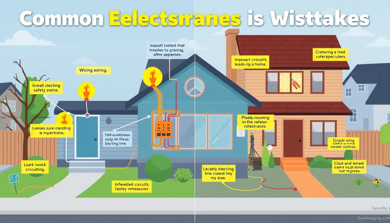 an illustration depicting common electrical mistakes in a home setting, featuring a house with visible wiring issues, improper grounding, overloaded circuits, and lack of safety measures. the scene is set in a suburban denver neighborhood, showcasing the contrast between a well-maintained and a poorly wired home.