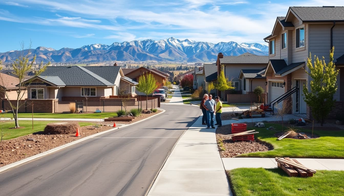 a bustling denver neighborhood featuring a newly constructed driveway and sidewalk, with construction tools scattered nearby, and workers discussing plans. the background showcases iconic denver architecture and the rocky mountains under a clear blue sky.