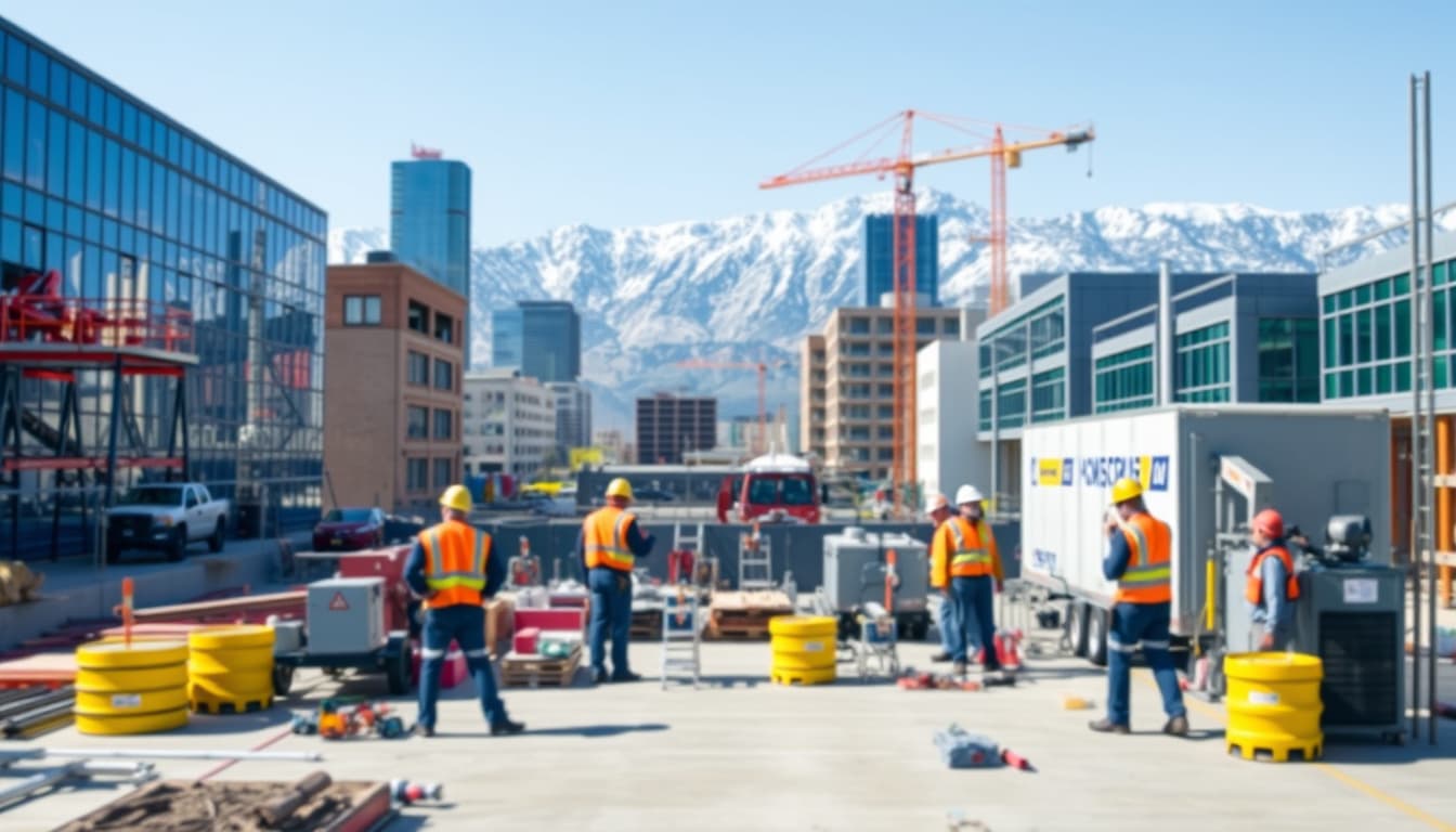 a bustling construction site in denver with hvac technicians working efficiently, surrounded by modern buildings and mountains in the background. the scene captures teamwork with tools and equipment, emphasizing collaboration and proper planning to ensure smooth project progress without delays.