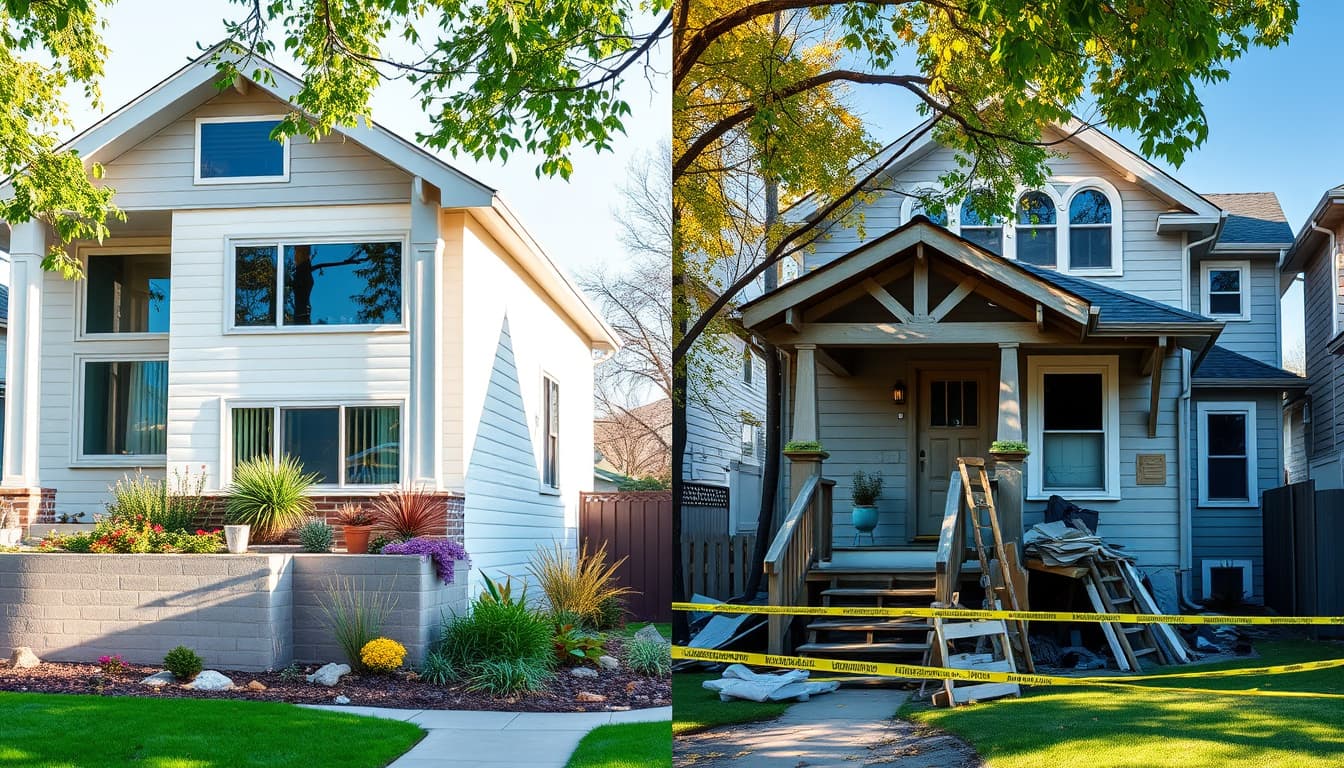 a split scene showing a beautifully remodeled home in a vibrant denver neighborhood on one side, featuring modern architecture and garden, while the other side depicts a dilapidated house with makeshift renovations and caution tape, illustrating the contrast between legal and unpermitted remodeling work.
