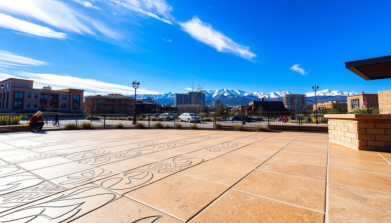 a scenic view of a stamped concrete patio or driveway in denver, showcasing intricate patterns and textures under a bright blue sky, surrounded by urban buildings and the rocky mountains in the background, with people enjoying outdoor activities nearby.