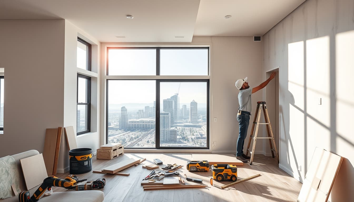 a modern home interior being renovated, featuring construction tools and materials scattered around, a builder measuring walls, and half-finished drywall, with a sunny denver skyline visible through the windows.