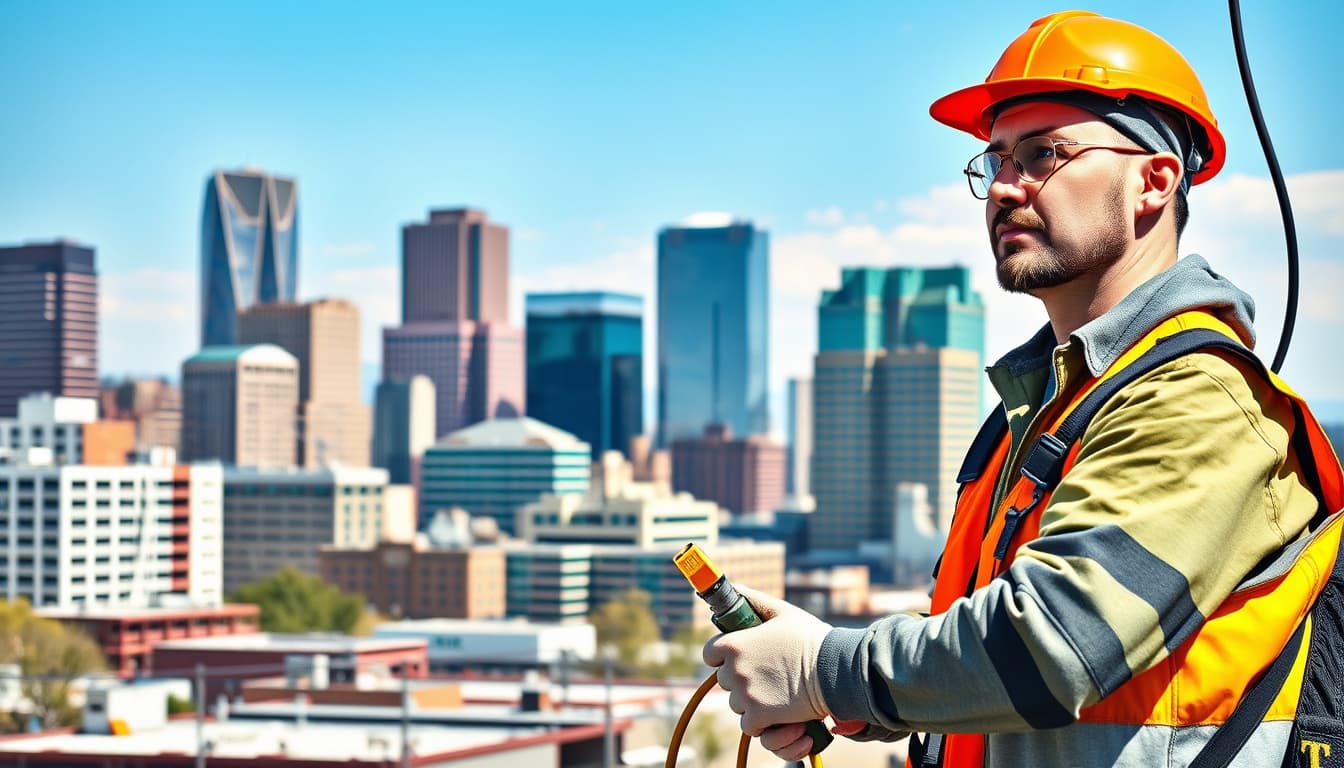 a skilled electrician working in a modern urban setting, equipped with tools and safety gear. the background features the skyline of denver with a mix of contemporary and historic buildings, highlighting construction and renovation elements.