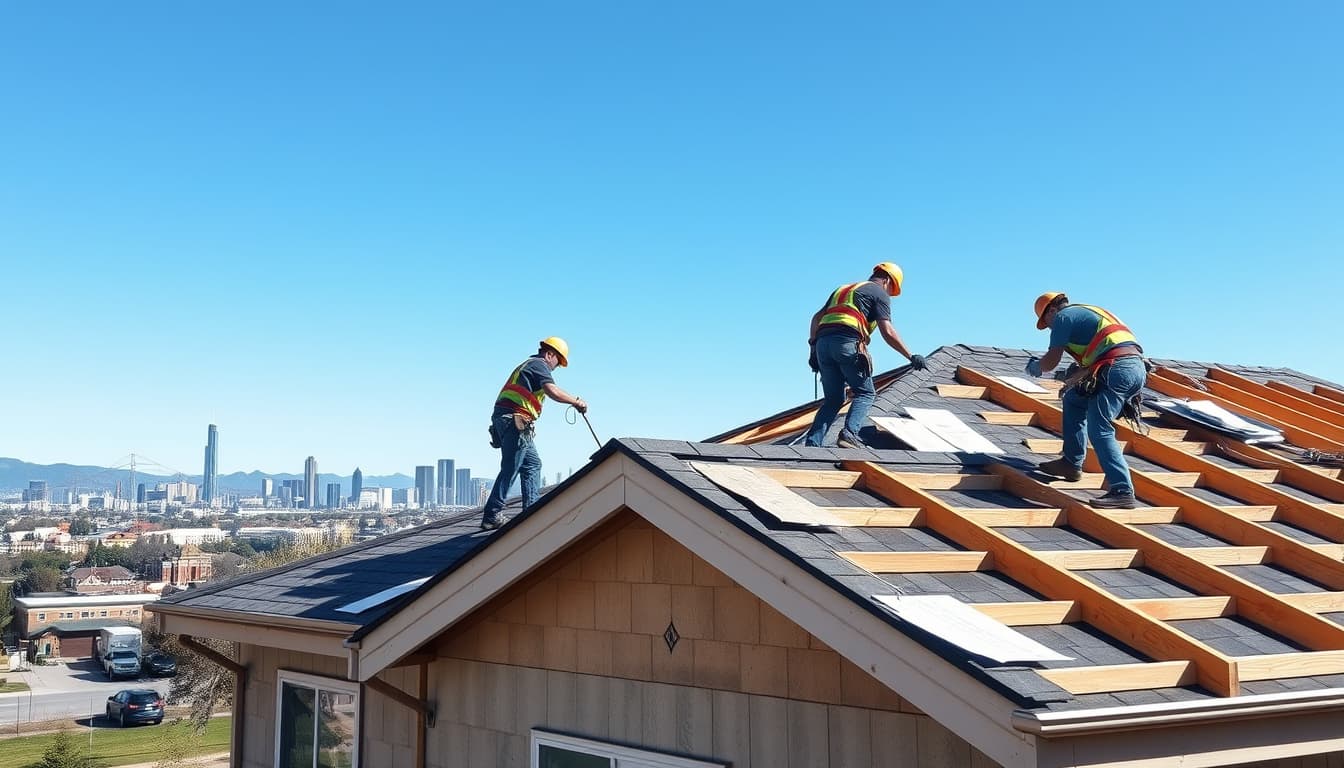 a construction site in denver with roofers working on a house, showcasing a detailed view of a roof under construction, building code checklists visible in the background, and the denver skyline in the distance. emphasize the team collaborating, tools, and safety gear, with a clear blue sky above.